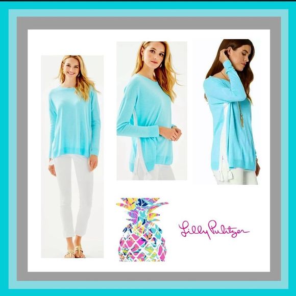 NWOT Lilly Pulitzer Damara Coolmax Crochet/Tassel Details Sweater Turquoise Sz M - Picture 1 of 16